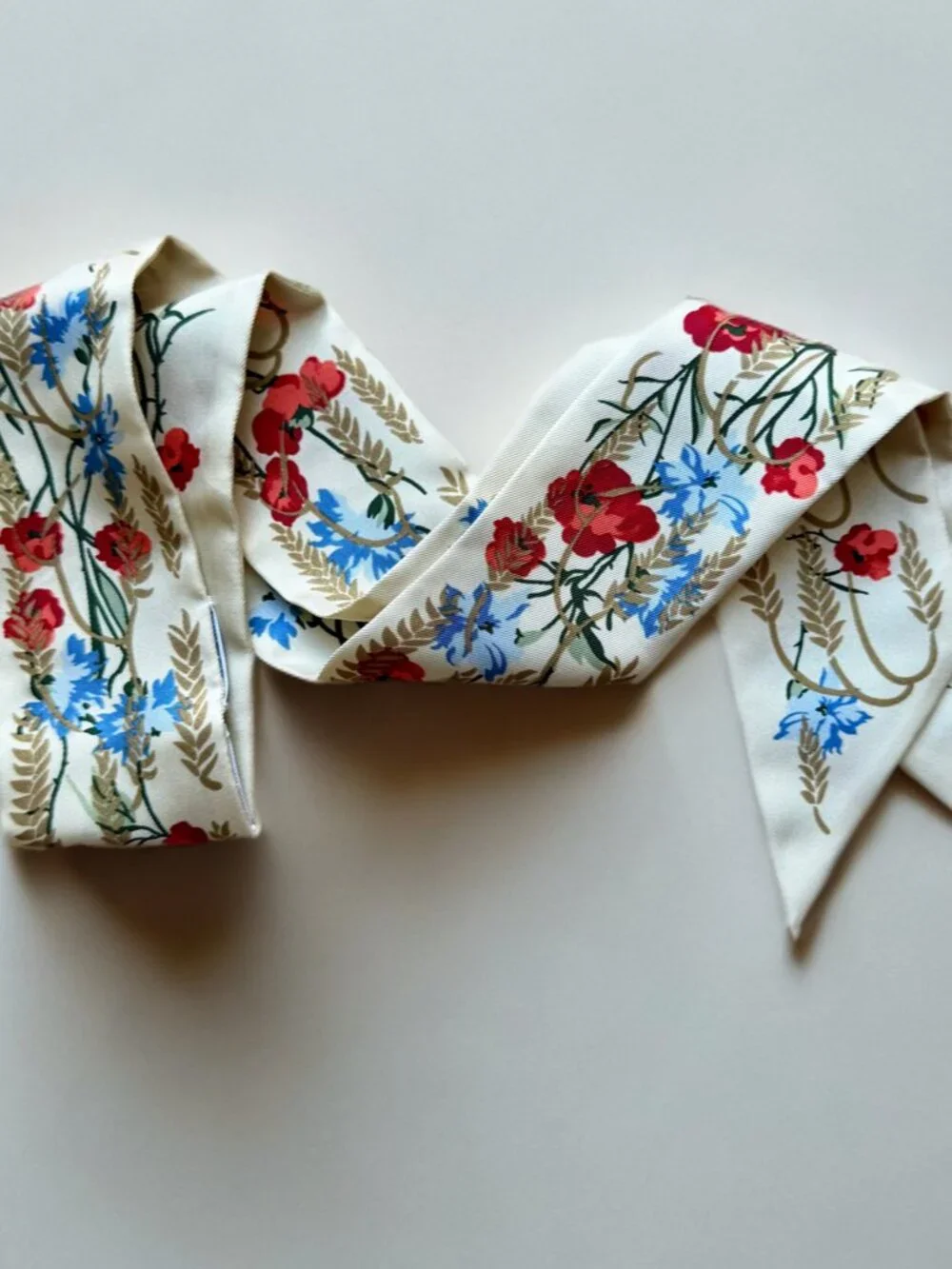 Christian Dior Ivory Red Blue Floral Botanical Silk Mitzah Scarf